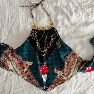 Meraki Vibrant Silk Scarf Cropped Tie Back Top